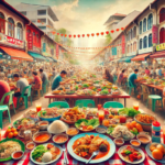 A vibrant scene of a Chinatown hawker center with people dining and leftovers on plates, emphasizing food culture and waste.