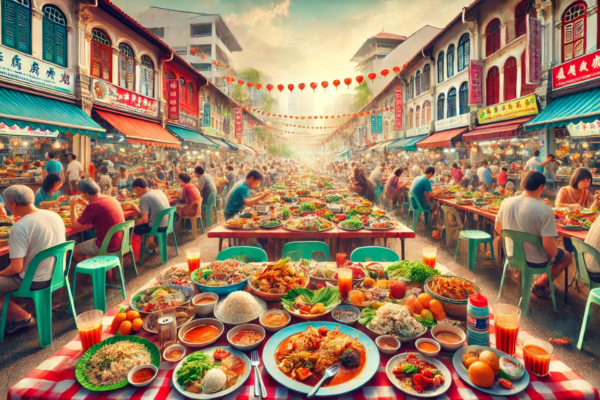 A vibrant scene of a Chinatown hawker center with people dining and leftovers on plates, emphasizing food culture and waste.