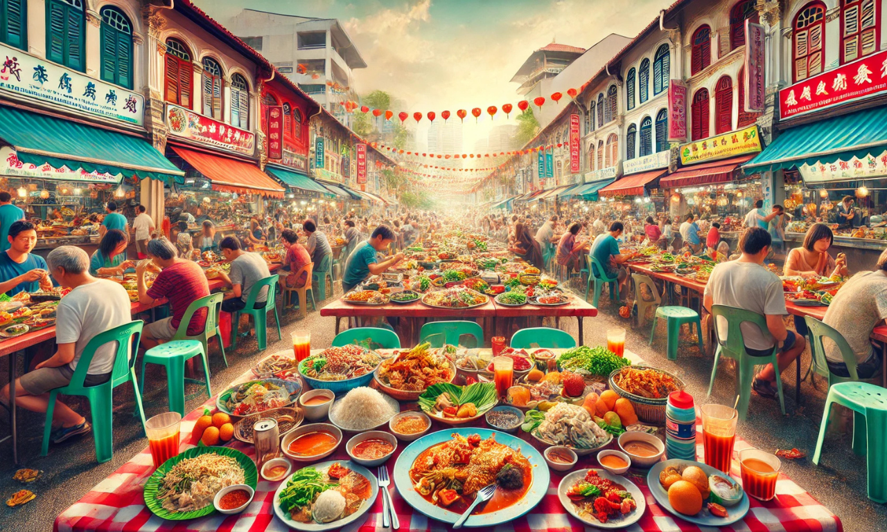 A vibrant scene of a Chinatown hawker center with people dining and leftovers on plates, emphasizing food culture and waste.