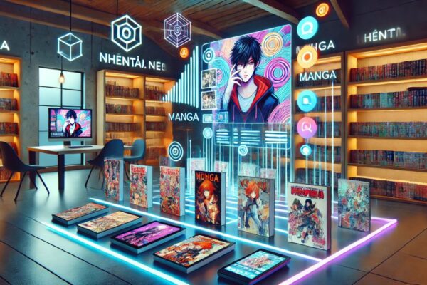 A vibrant illustration of a digital library with manga and art, symbolizing the nhentai.nef platform.