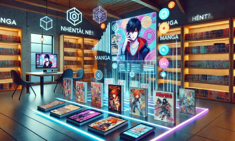 A vibrant illustration of a digital library with manga and art, symbolizing the nhentai.nef platform.