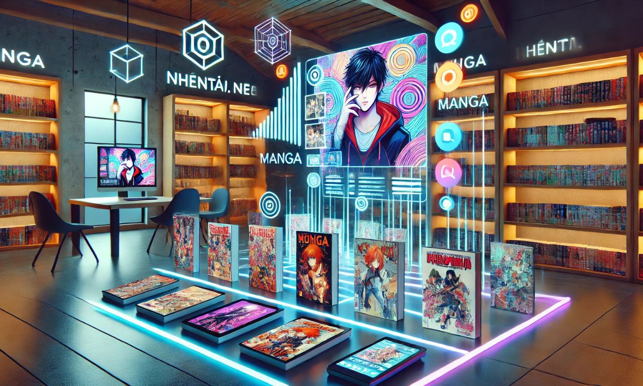 A vibrant illustration of a digital library with manga and art, symbolizing the nhentai.nef platform.