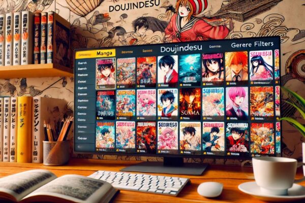 A vibrant manga library interface showcasing Doujindesu's online platform.