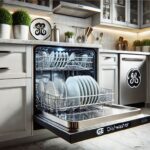 GE dishwasher in a modern kitchen setting with sparkling clean dishes.