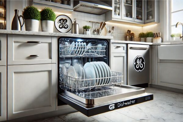 GE dishwasher in a modern kitchen setting with sparkling clean dishes.