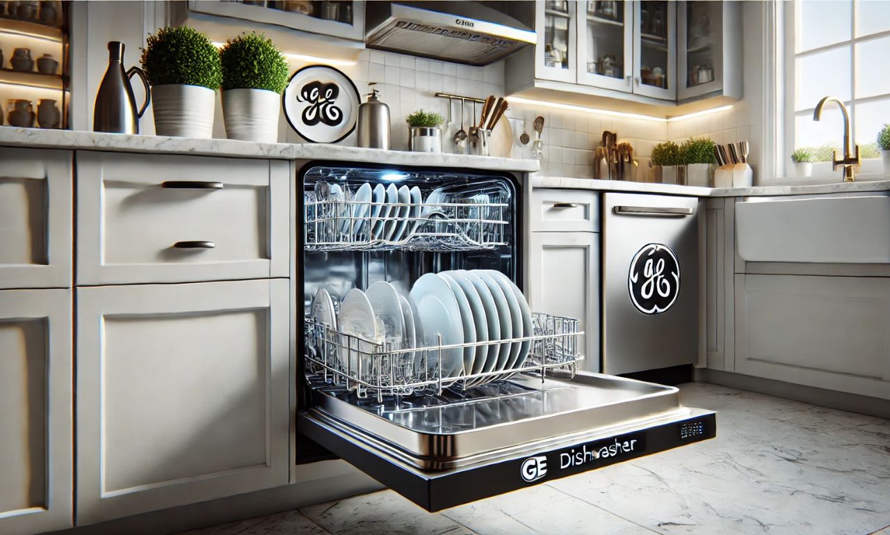 GE dishwasher in a modern kitchen setting with sparkling clean dishes.