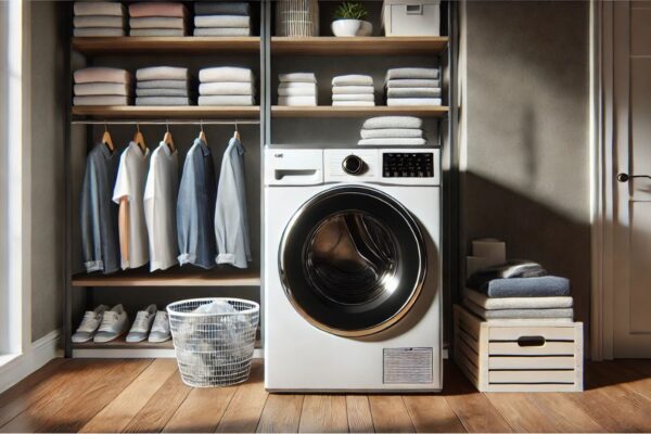 GE washer dryer combo in a stylish laundry room setup.