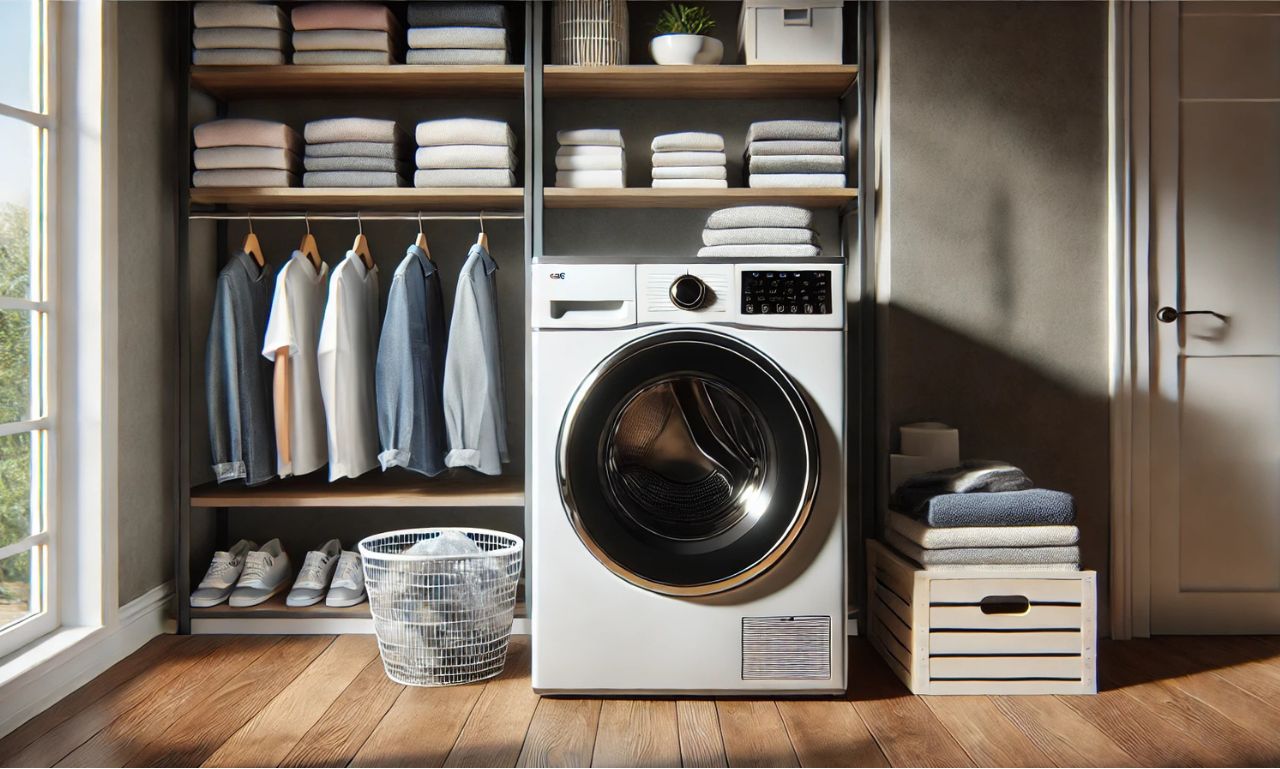 GE washer dryer combo in a stylish laundry room setup.