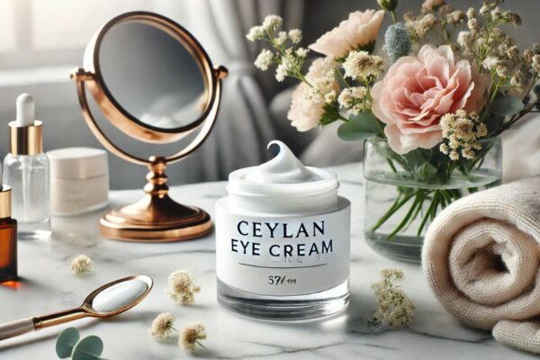 A jar of Ceylan Eye Cream placed on a marble countertop next to fresh flowers and a mirror.