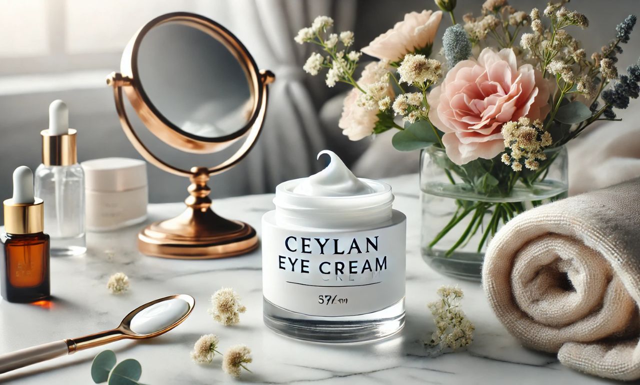 A jar of Ceylan Eye Cream placed on a marble countertop next to fresh flowers and a mirror.