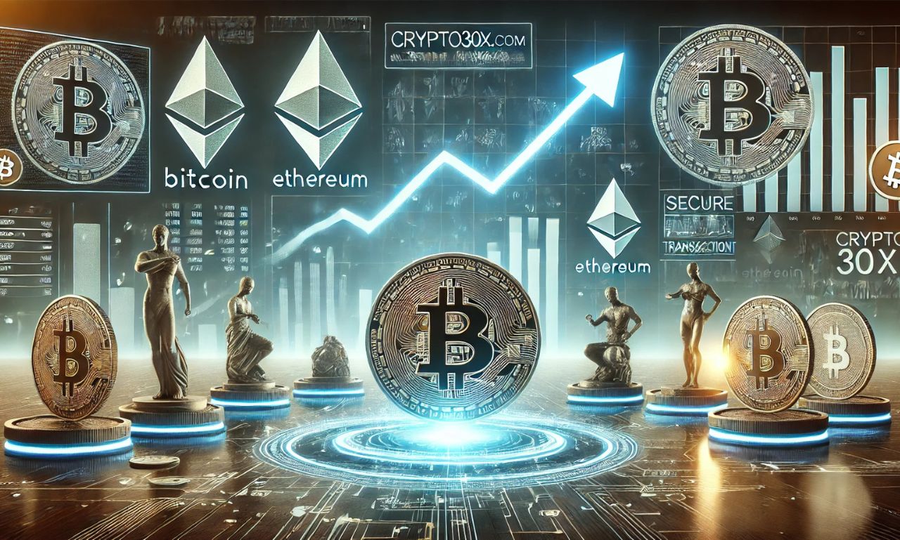 A futuristic depiction of Crypto30x.com with blockchain graphics, cryptocurrency symbols, and upward financial trends.