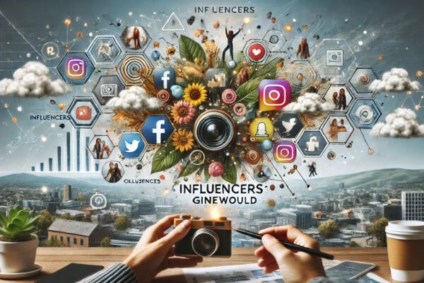 A creative representation of InfluencersGineWuld with influencers, social media platforms, and vibrant brand collaborations.