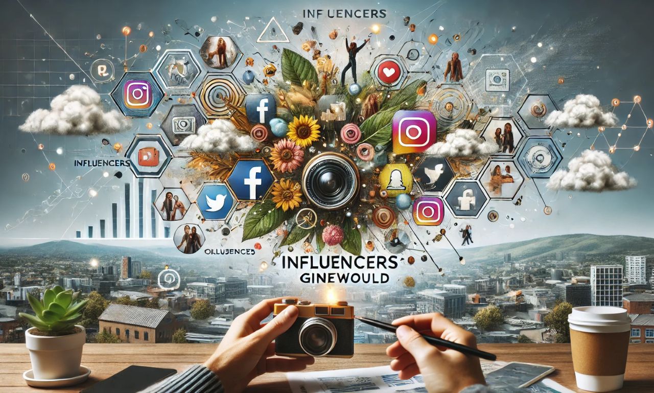 A creative representation of InfluencersGineWuld with influencers, social media platforms, and vibrant brand collaborations.