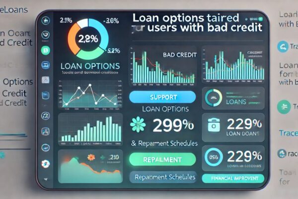 A supportive financial dashboard for Traceloans.com bad credit users, showcasing loan options and tools for credit improvement.