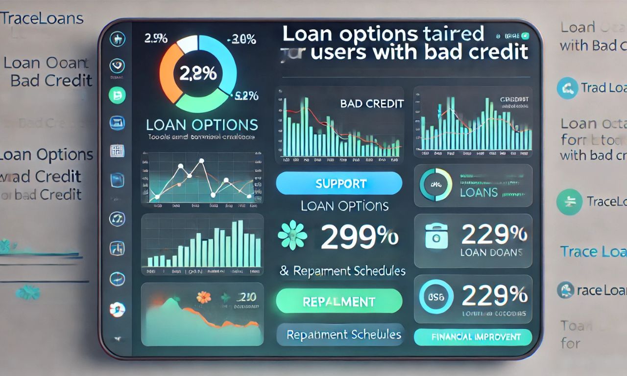 A supportive financial dashboard for Traceloans.com bad credit users, showcasing loan options and tools for credit improvement.