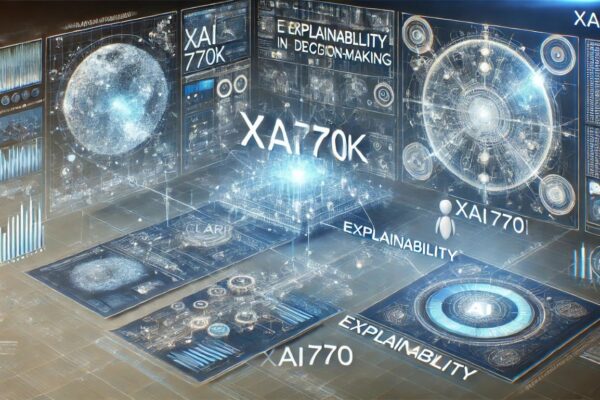 Visualization of xai770k technology, showcasing data flows, algorithms, and user interfaces in a futuristic, dynamic setting.