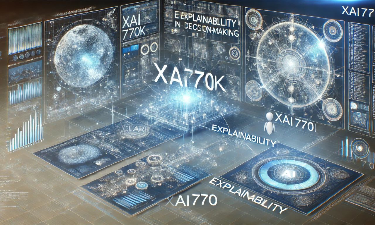 Visualization of xai770k technology, showcasing data flows, algorithms, and user interfaces in a futuristic, dynamic setting.